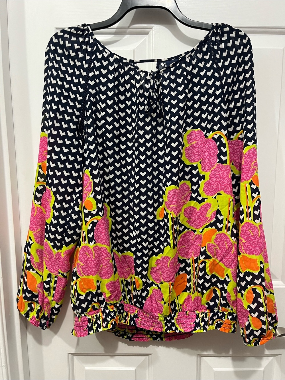 Kaari Blue Navy Peasant Blouse with Pink & Lime Floral Border